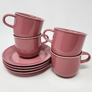 Nancy Calhoun Cup Saucer Set of 4 Solid Dark Rose Pink VTG Stoneware Japan EUC